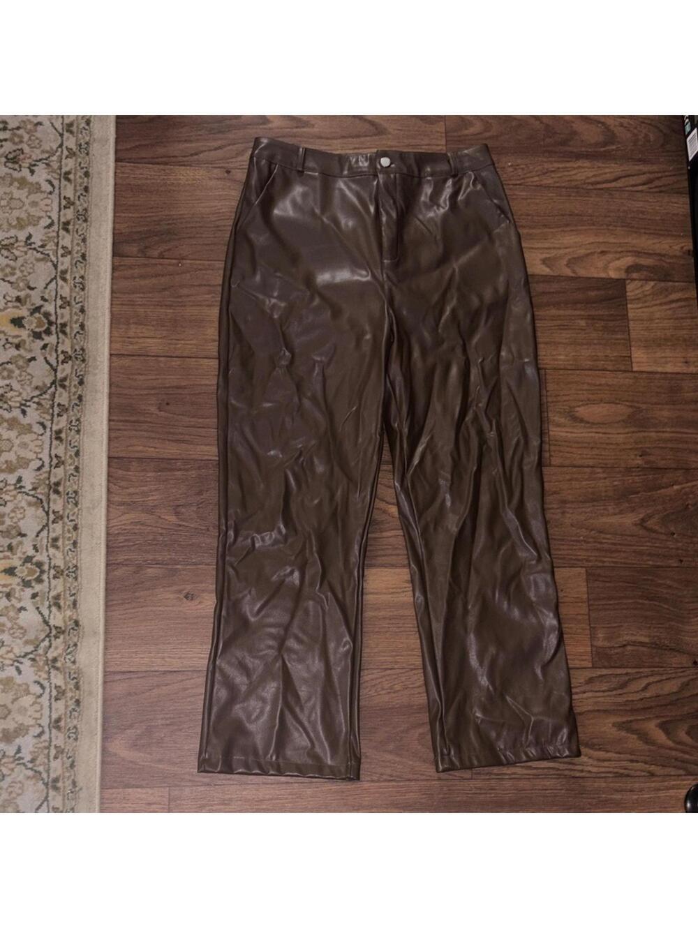 Brown Faux Leather Pants Trousers Moto Neutral Classic
